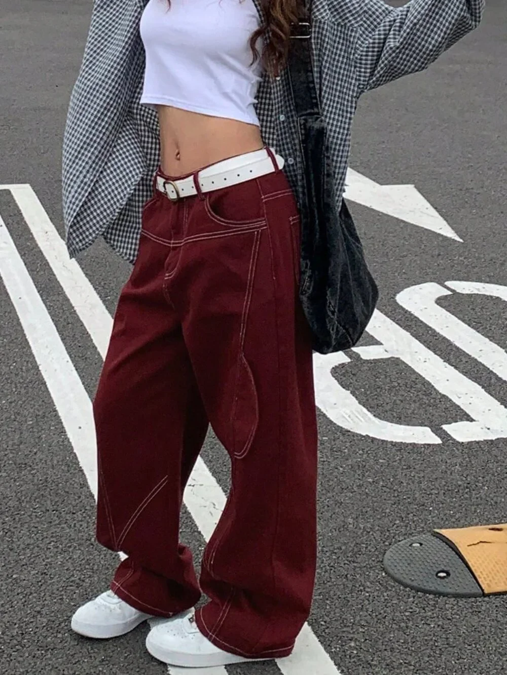 Burgundy Casual Women's Loose Fit Cargo Jeans Y2k